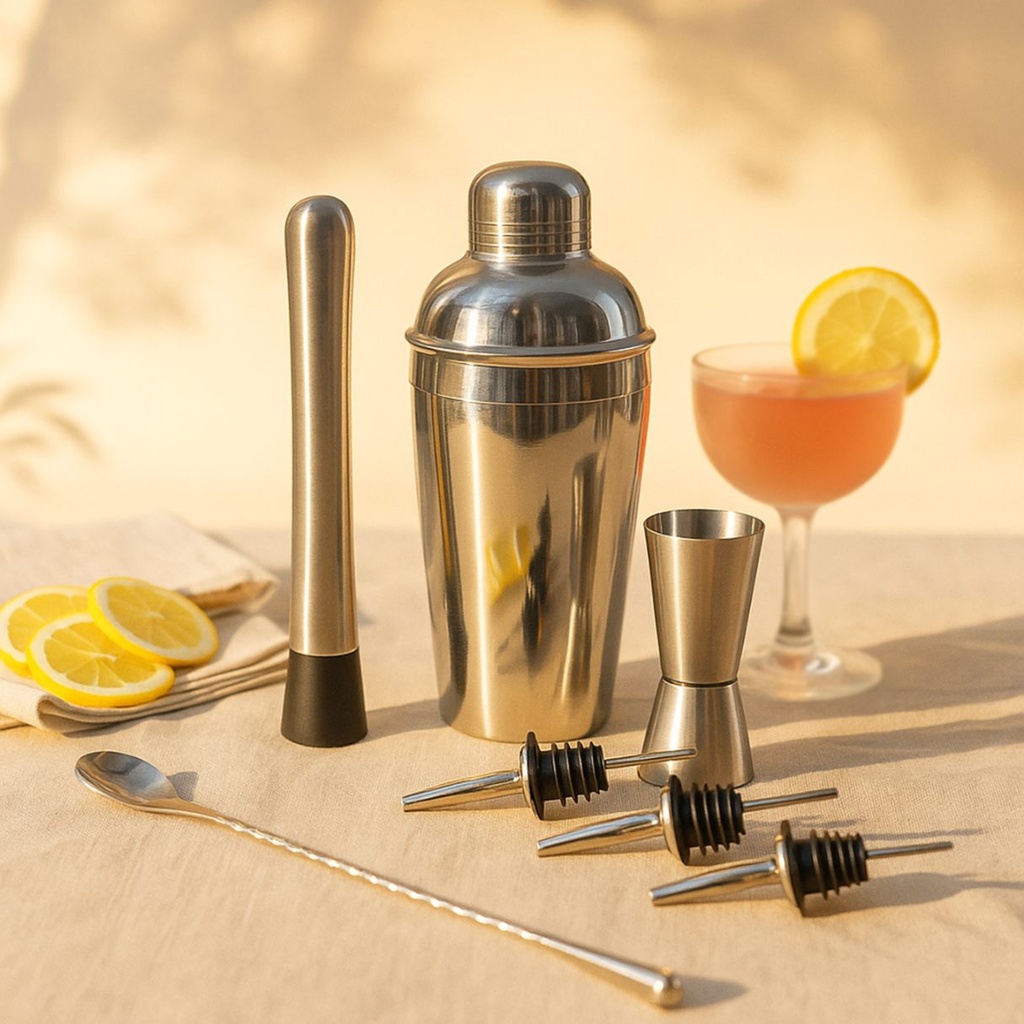 Picfest 7-Piece Stainless Steel Bar Tool Set – Cocktail Shaker,  Muddler & Stirrer Spoon,  Liquor Pourers ( set of 3 ) For Home Bar