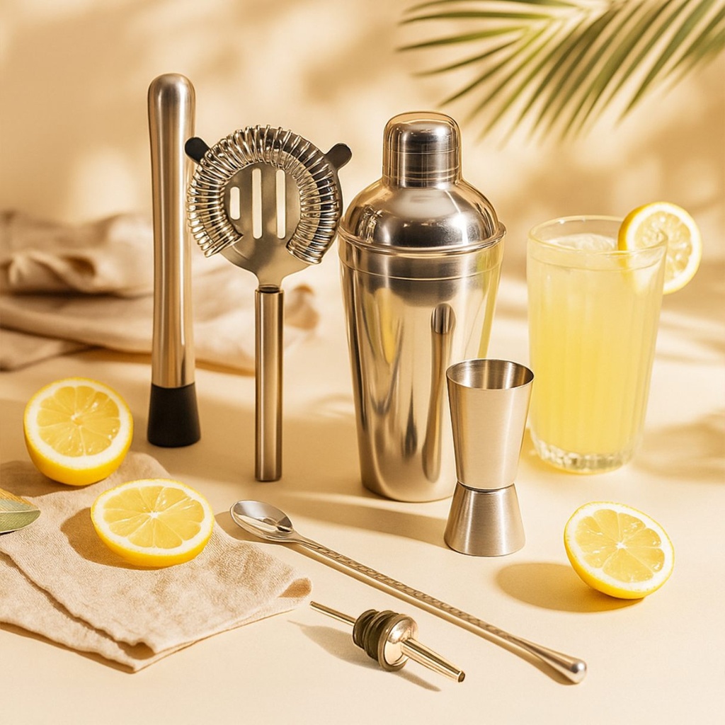 Picfest 6-Piece Stainless Steel Bar Tool Set – Cocktail Shaker, Strainer, Muddler & Stirrer Spoon , Liquor Pourers & Double-Sided Jigger – 750ml for Home Bar