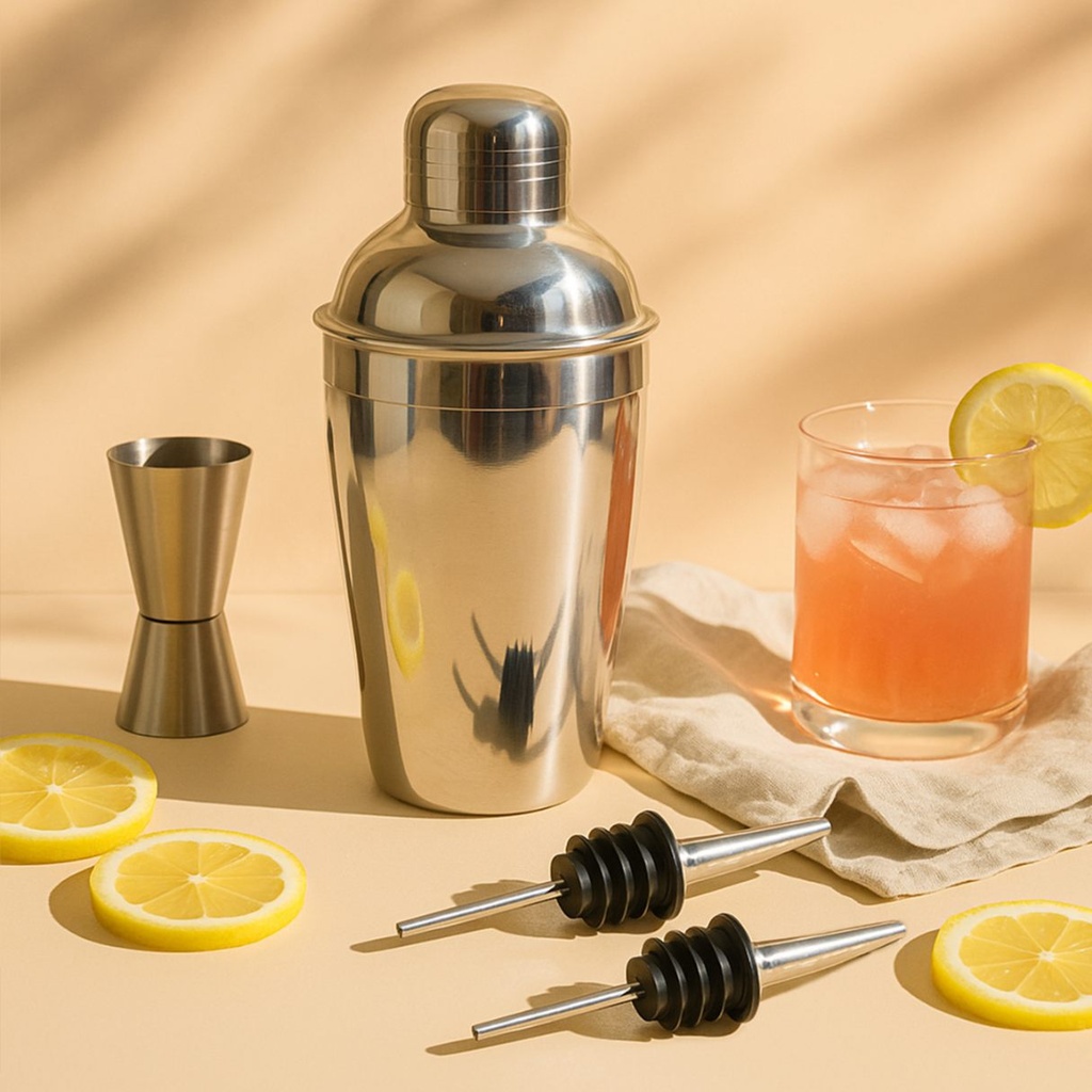 Picfest 4-Piece Stainless Steel Bar Set – Cocktail Shaker, Double Jigger & 2 Liquor Pourers (750ml)