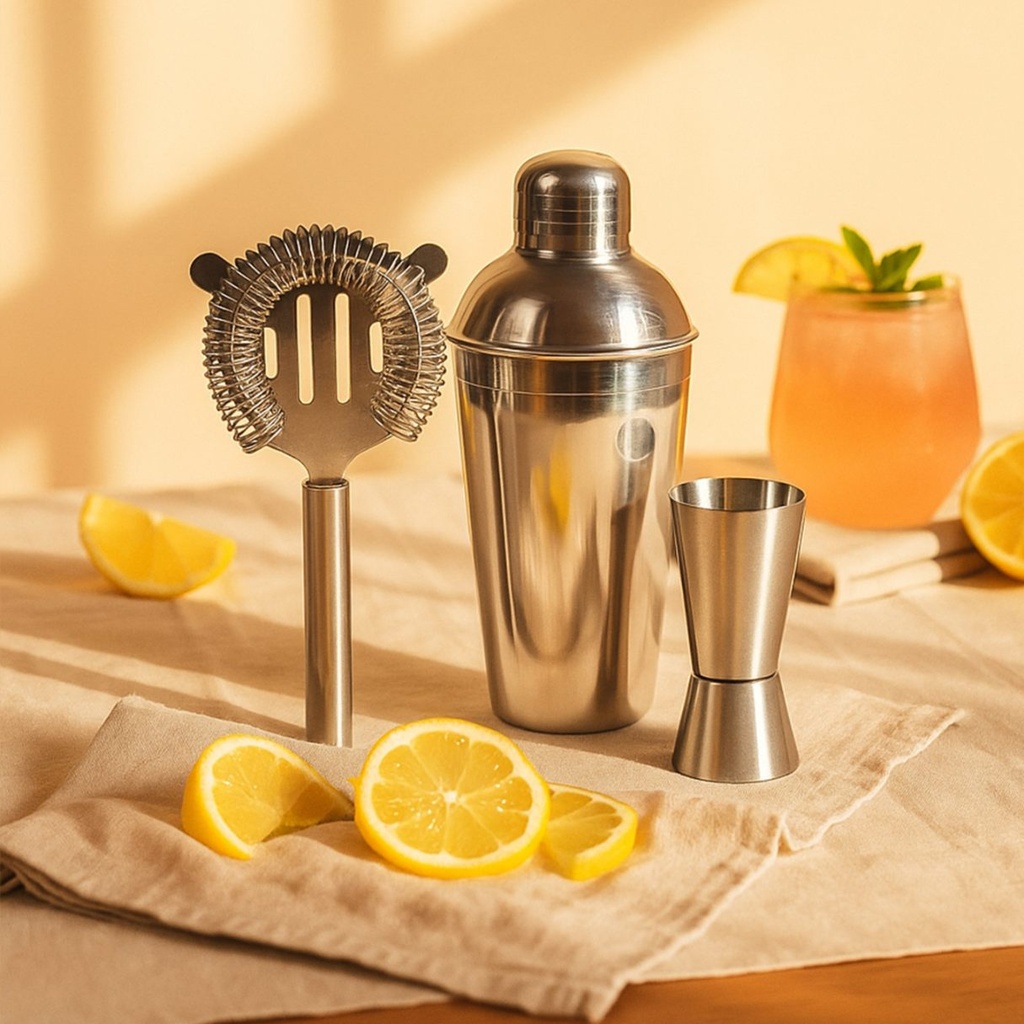 Picfest 3-Piece Stainless Steel Bar Tool Set – Cocktail Shaker, Hawthorne Strainer & Double-Sided Jigger (750ml)