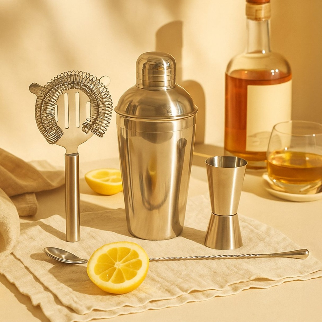 Picfest 4-Piece Stainless Steel Bar Tool Set – Cocktail Shaker, Strainer, Double Jigge & Stirrer Spoon