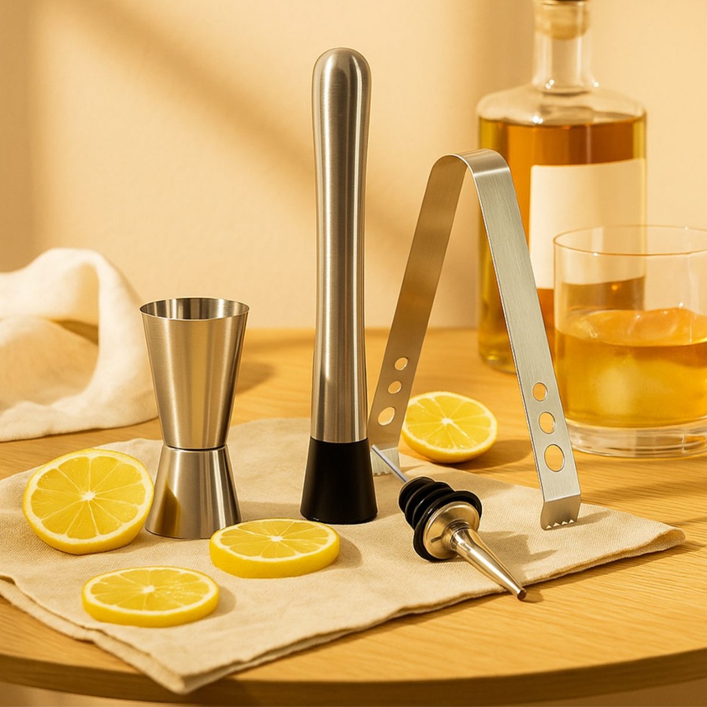 Picfest 4-Piece Stainless Steel Bar Tool Set – Jigger, Muddler, Pourer & Ice Tong for Home Bar