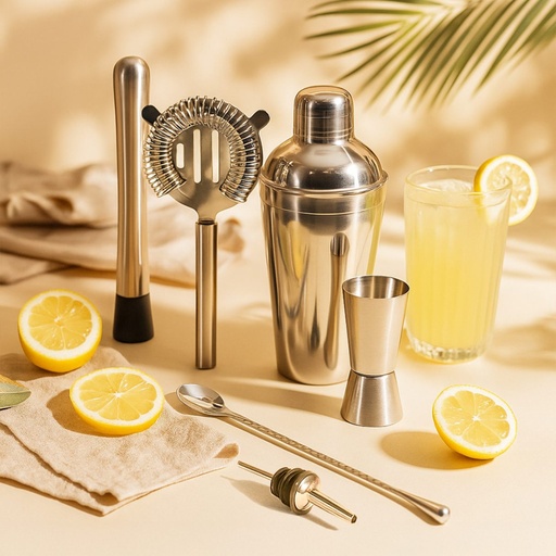 Picfest 6-Piece Stainless Steel Bar Tool Set – Cocktail Shaker, Strainer, Muddler & Stirrer Spoon , Liquor Pourers & Double-Sided Jigger – 750ml for Home Bar