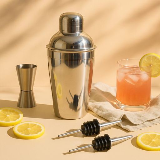 Picfest 4-Piece Stainless Steel Bar Set – Cocktail Shaker, Double Jigger & 2 Liquor Pourers (750ml)