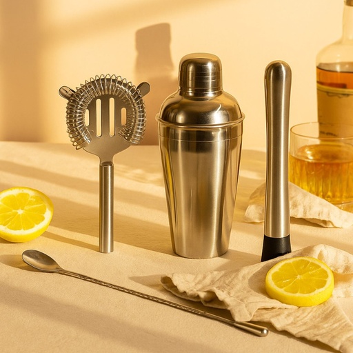Picfest 4-Piece Stainless Steel Bar Tool Set – Cocktail Shaker, Strainer, Muddler & Stirrer Spoon