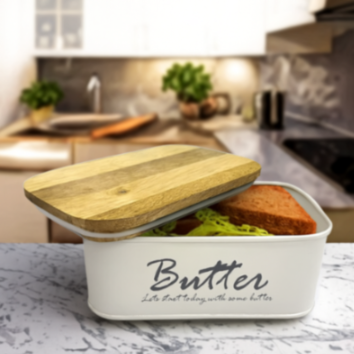 Picfest White container Metal Butter Dish Whit Mango Wood Cover Lid Set of 1